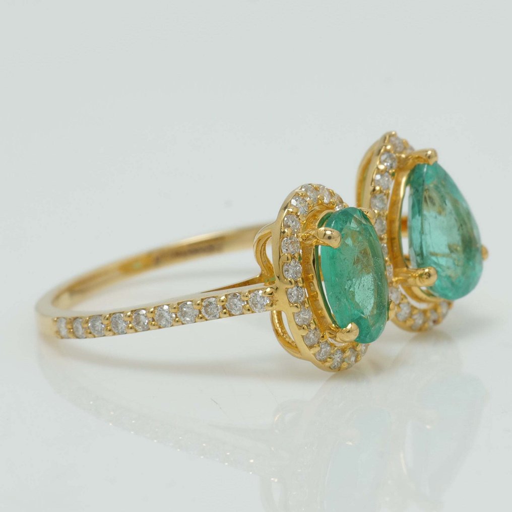 大戒指 - 14K包金 黄金 -  1.74ct. tw. 祖母绿 - 钻石 - 新娘的光环戒指 #1.0