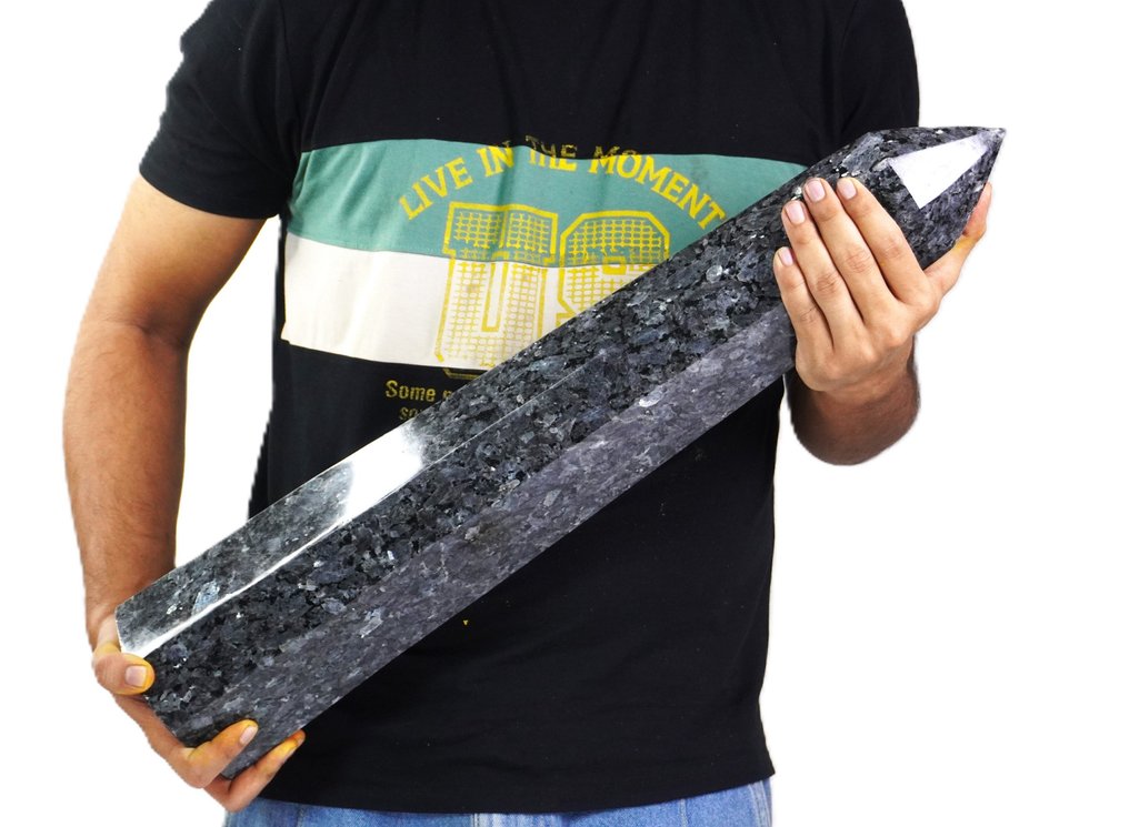 Massive Larvikite Stone – Shimmering Silver-Blue Reflections – Centerpiece Decor Tall Tower - Obelisk - Height: 61 cm - Width: 12.7 cm- 14000 g - (1) #2.1