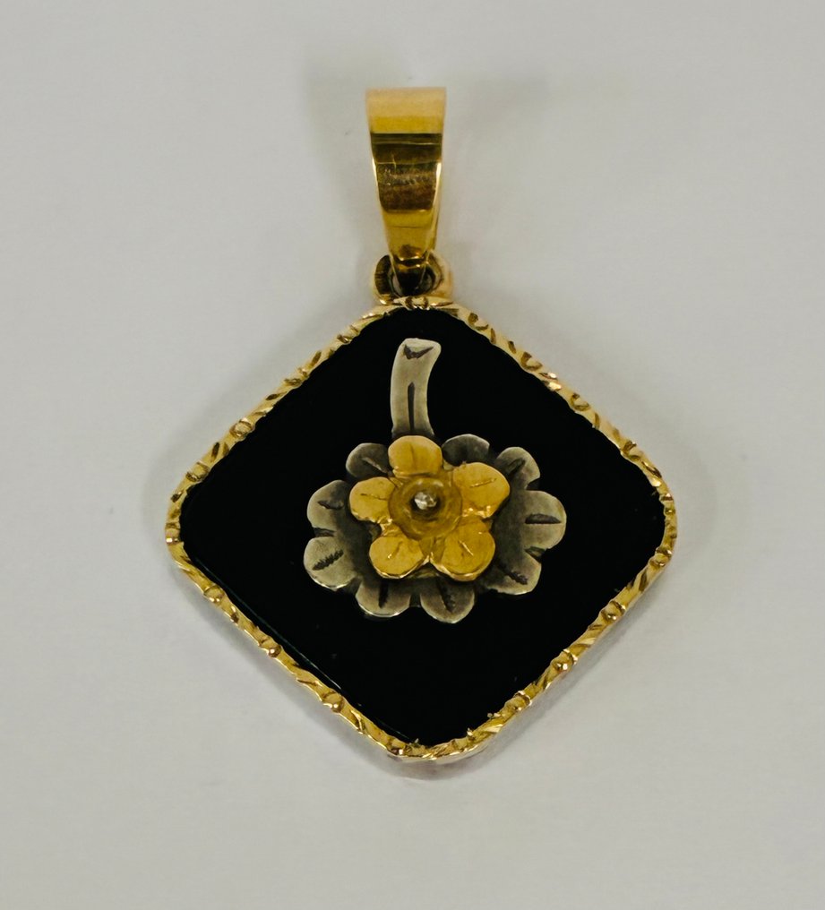 Sem preço de reserva - Pingente - 14 K Prata, Ouro amarelo Ónix. #1.0