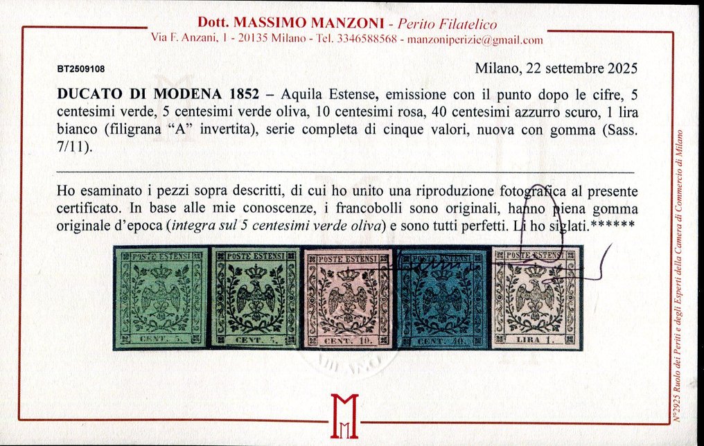 Italian Ancient States - Modena 1852 - The series with a period after the digits. - Sassone 7 /11. #1.0