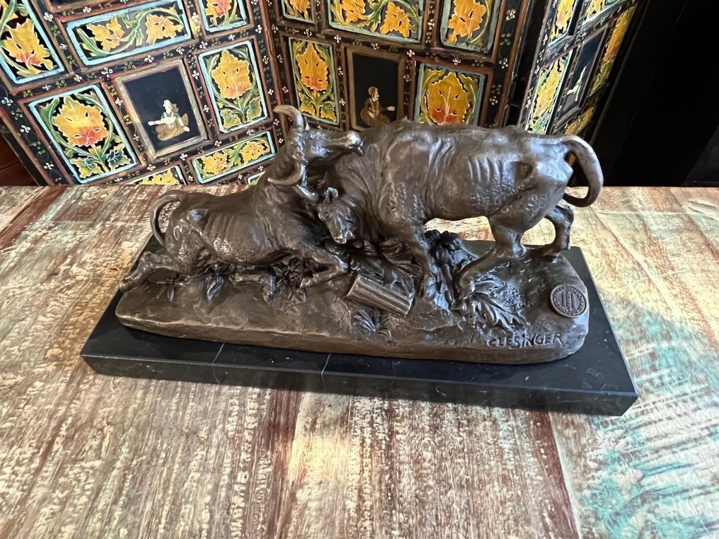 Auguste Clésinger (1814-1883) - After - Γλυπτό, Fighting Bulls - 14 cm - Μπρούντζος, Μάρμαρο #1.0