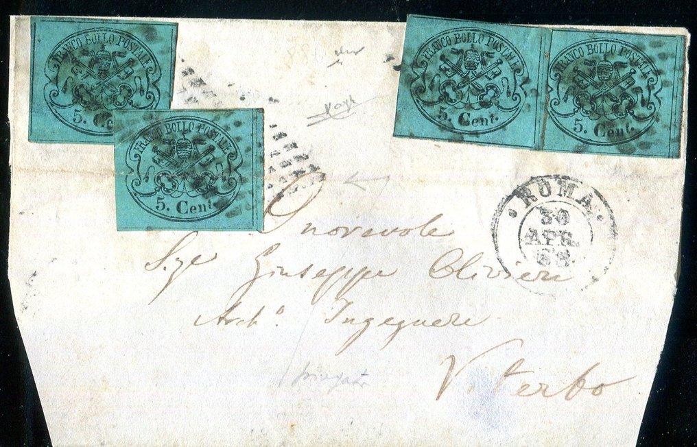 意大利古城邦-教皇国 1867 - 稀有单值邮票，面值5分，4枚 - Sassone 16. #1.0