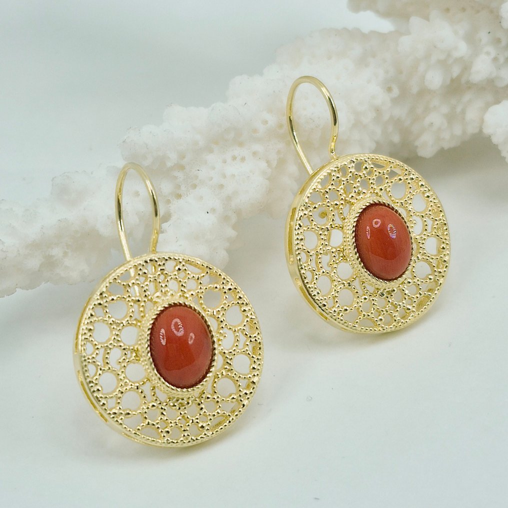 血珊瑚 - 银, Gold-plated - 耳环 - CORALLO MEDITERRANEO #1.0
