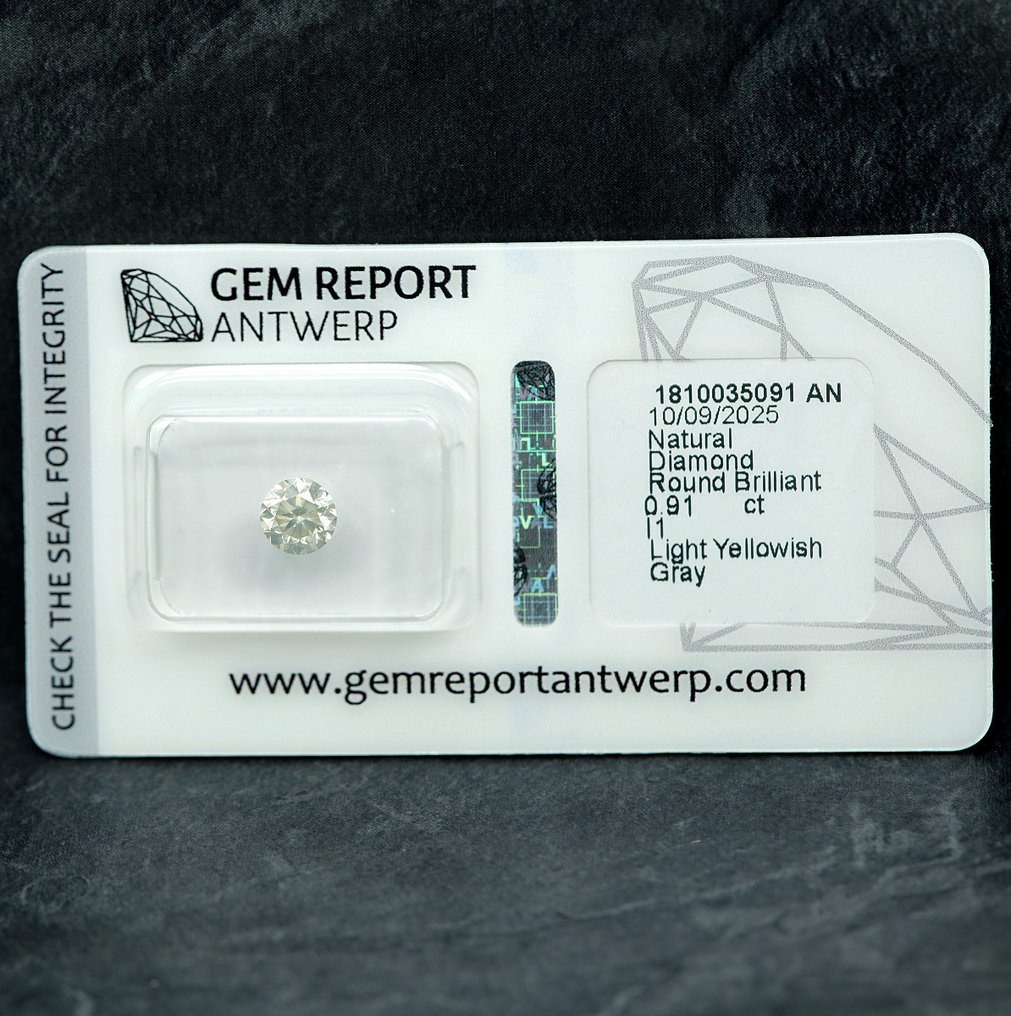 1 pcs Diamant (Colorat natural) - 0.91 ct - Rotund - Light gălbui Gri - I1 - GRA (Laboratorul de analiză a pietrelor prețioase din Anvers) #1.0