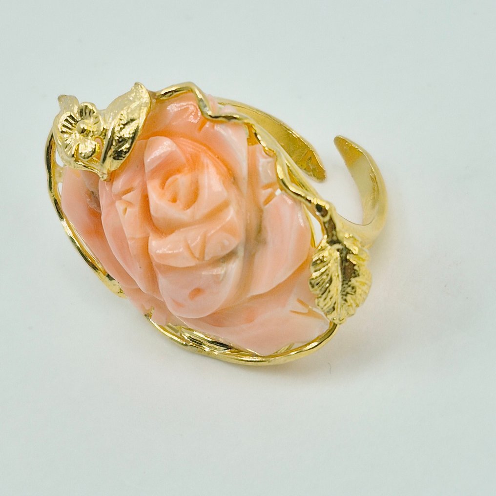 珊瑚 - 銀, 鍍金 - 戒指 - Corallo Rosa Inciso #3.2