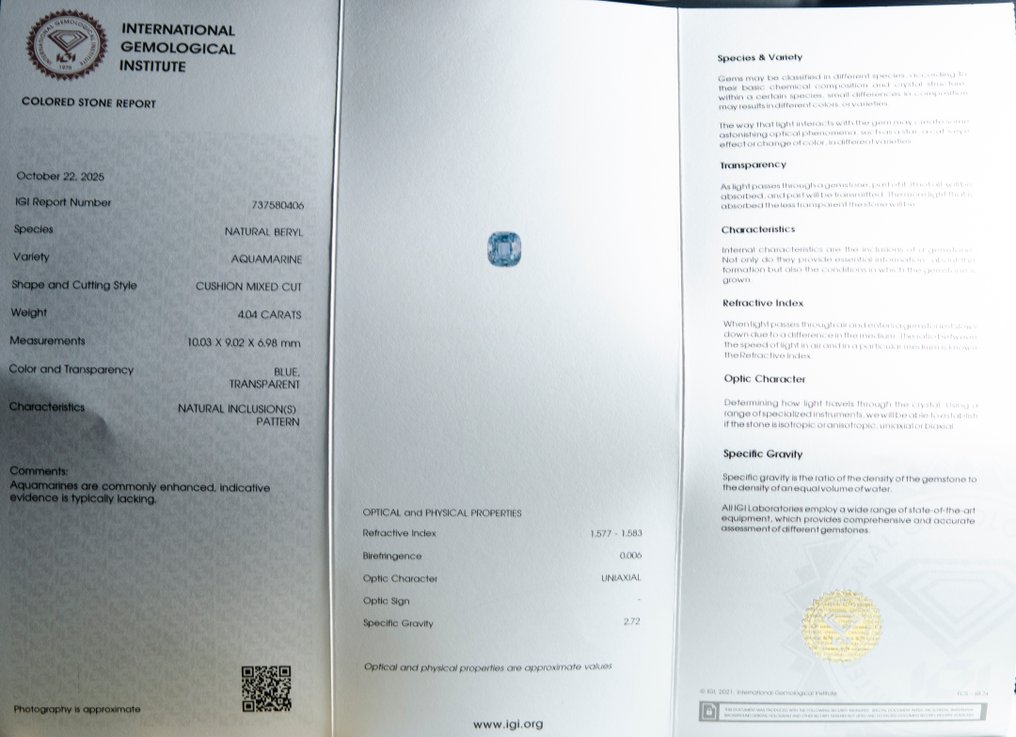 Blu Acquamarina  - 4.04 ct - International Gemological Institute (IGI) #3.2