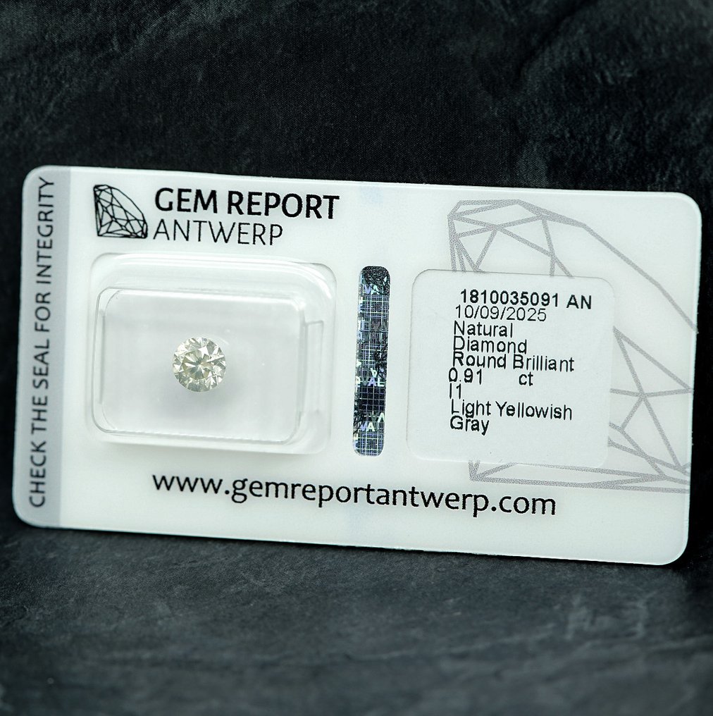 1 pcs Diamant (Colorat natural) - 0.91 ct - Rotund - Light gălbui Gri - I1 - GRA (Laboratorul de analiză a pietrelor prețioase din Anvers) #3.2