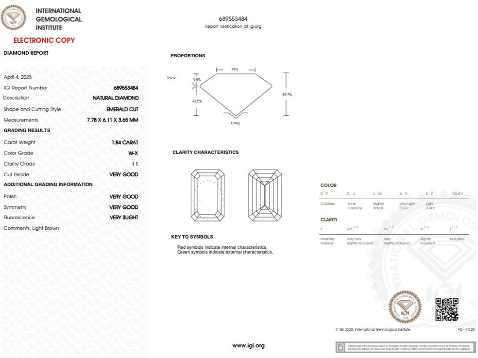没有保留价 - 1 pcs 钻石 (天然色彩的) - 1.84 ct - 祖母绿 - I1 内含一级 - 国际宝石研究院(IGI) - W-X 颜色 #4.3