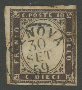 意大利古國－薩丁尼亞 1859 - 维托里奥·埃马努埃莱二世像，10 分硬币，深巧克力色，编号14Af IV版，二手 - Sassone n.14Af #1.0