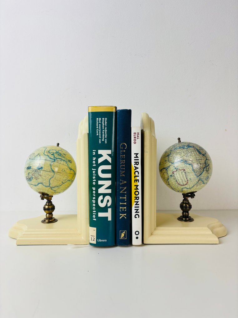 Bookends - Italian cartographic design globe bookstand - Brass, Papier-mache, Wood #4.3