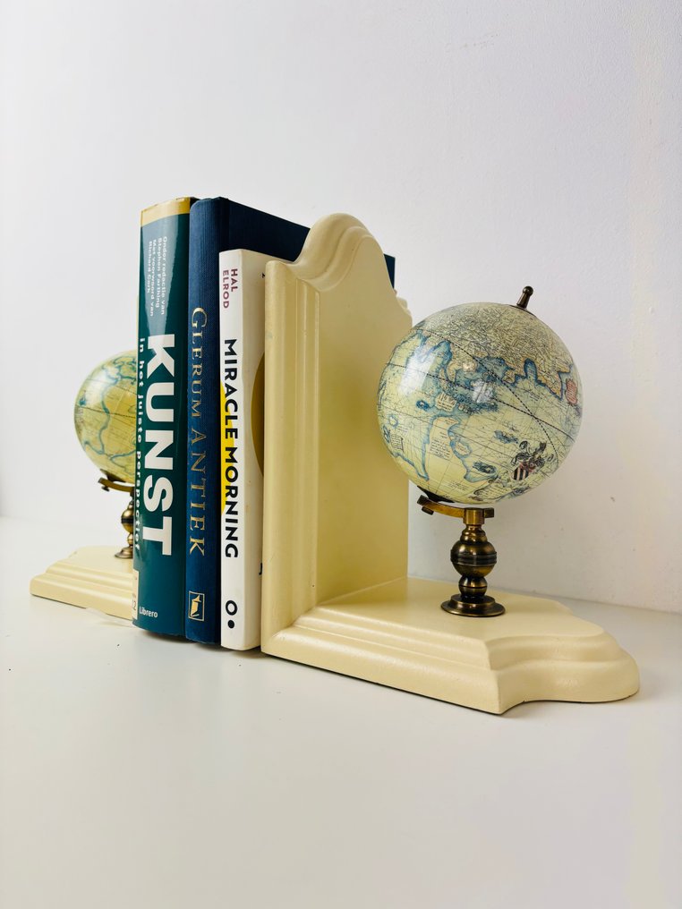 Bookends - Italian cartographic design globe bookstand - Brass, Papier-mache, Wood #1.0