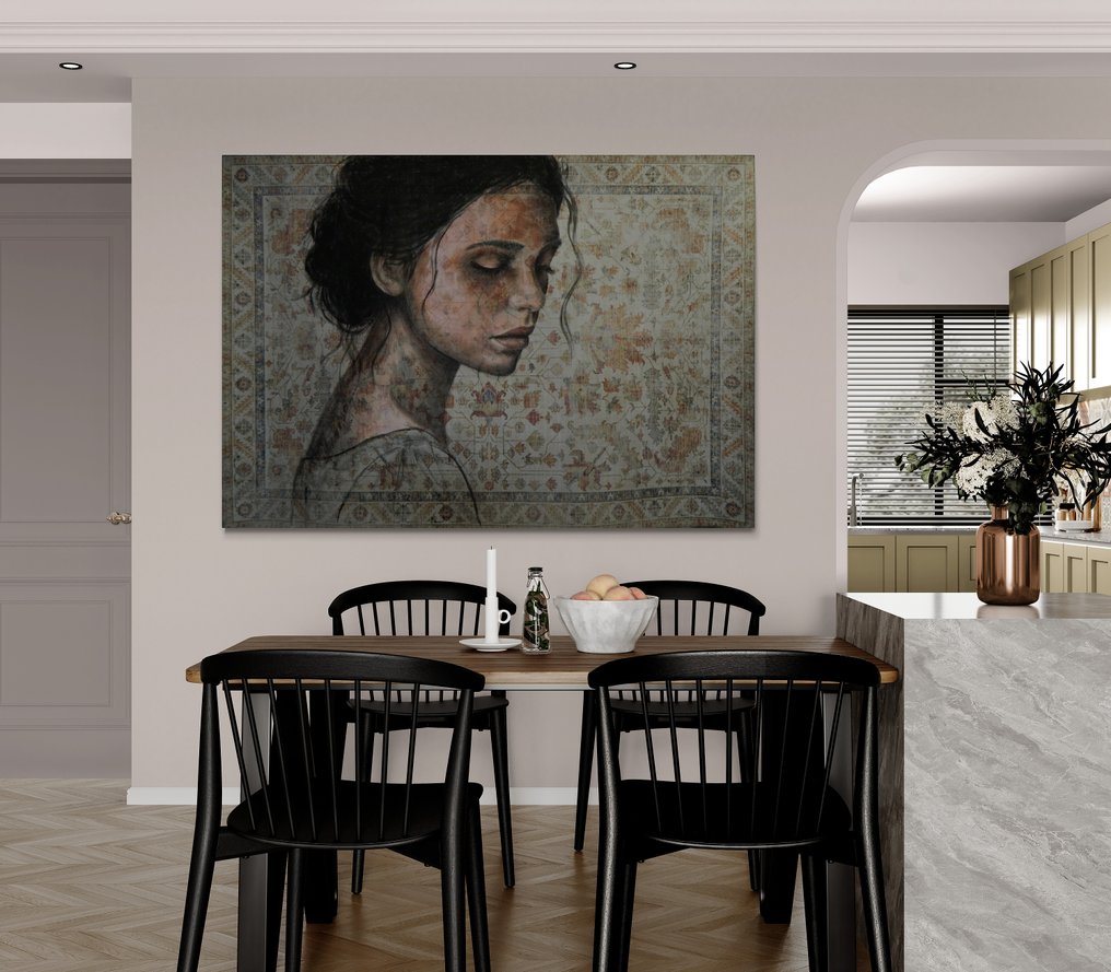 Jacqueline Klein Breteler - "Waiting to be found.", portrait painting on a carpet - XXL #1.0