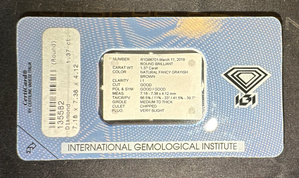 1 pcs 钻石  (天然色彩的)  - 1.37 ct - 圆形 - Fancy 稍帶灰色的 棕色 - I1 内含一级 - 国际宝石研究院（IGI） #1.0