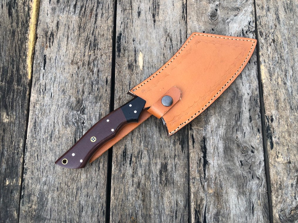 厨刀 - 定制手工多层锻造钢厨师斩骨刀，收藏品，皮革刀鞘 - 北美 - T4 #1.0