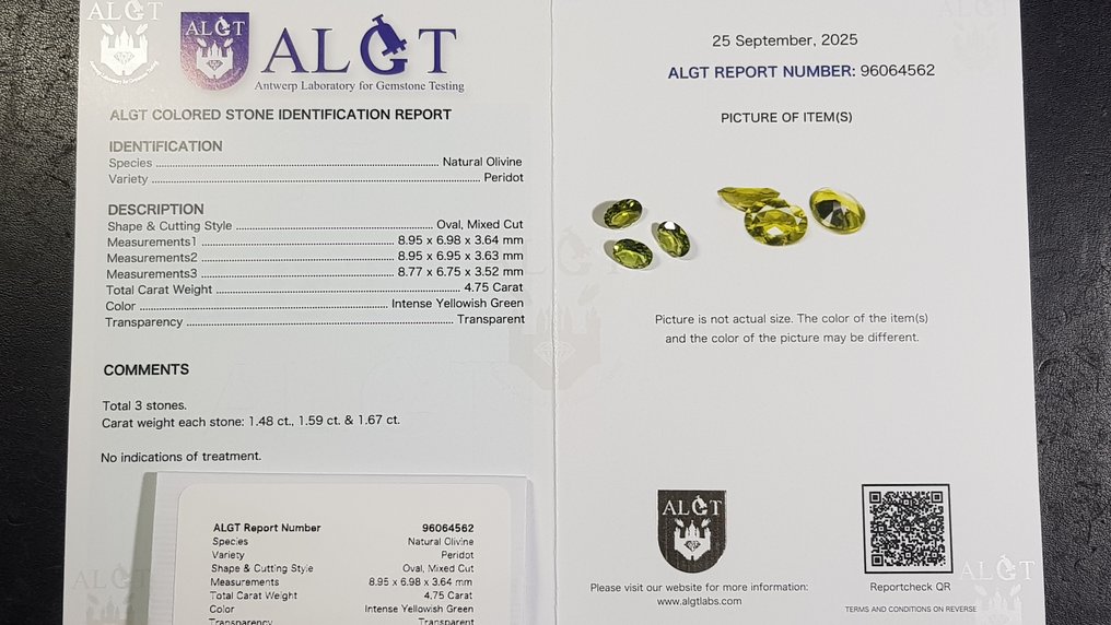 3 pcs Πράσινο Περίδοτο - 4.75 ct - Antwerp Laboratory for Gemstone Testing (ALGT) - Έντονο κίτρινο-πράσινο #2.1