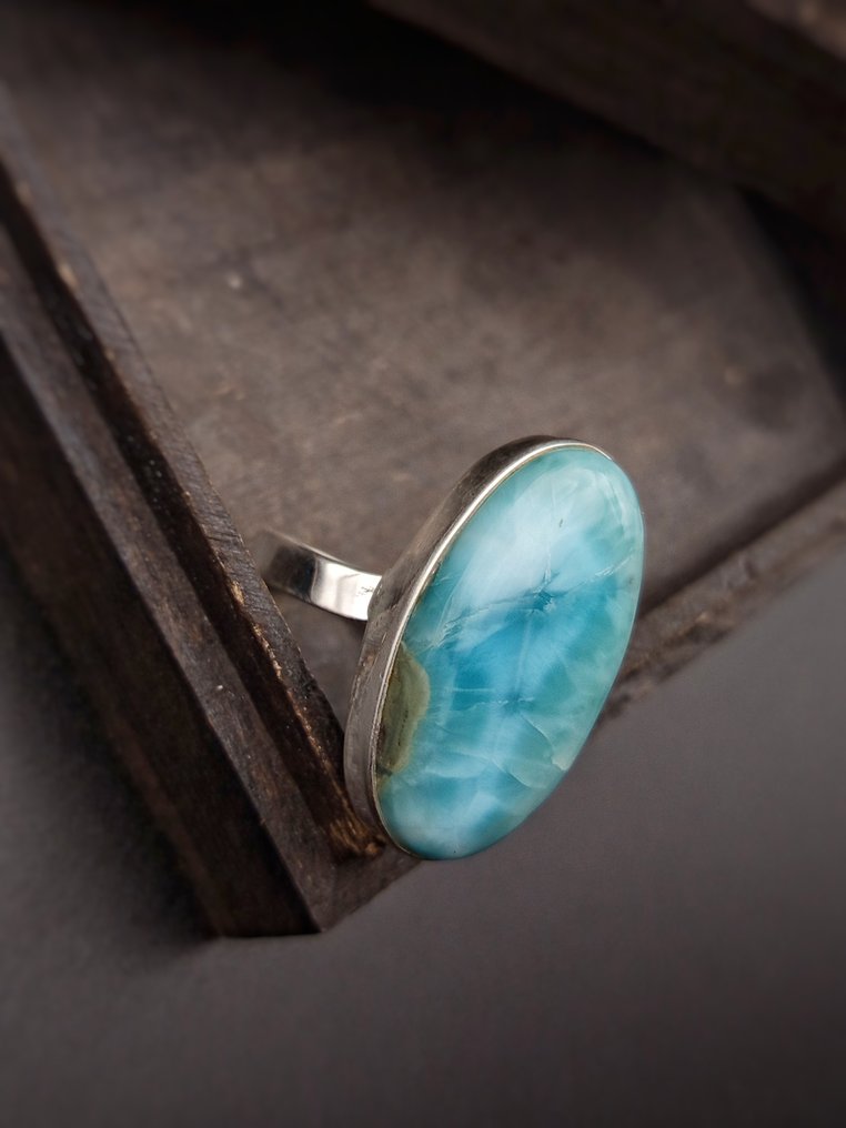 925 silver ring with top-quality Larimar, adjustable size.- 10.9 g - (1) #1.0