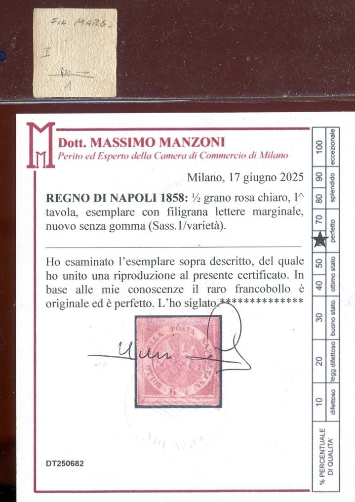 Αρχαία ιταλικά κράτη - Νάπολη 1858 - Το σπάνιο 1/2 γραμμάριο, 1° πίνακας, καινούργιο με φιλγρίνα «γράμματα». - Sassone 1 varietà. #2.1