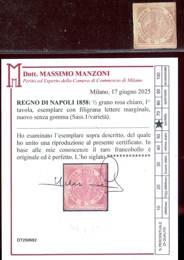 Αρχαία ιταλικά κράτη - Νάπολη 1858 - Το σπάνιο 1/2 γραμμάριο, 1° πίνακας, καινούργιο με φιλγρίνα «γράμματα». - Sassone 1 varietà. #1.0