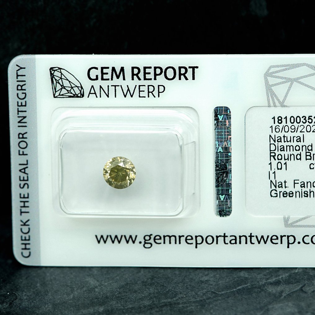 1 pcs Diamante (Colorido natural) - 1.01 ct - Redondo - Fancy Esverdeado, Acinzentado Amarelo - I1 - Gem Report Antwerp (GRA) #3.2