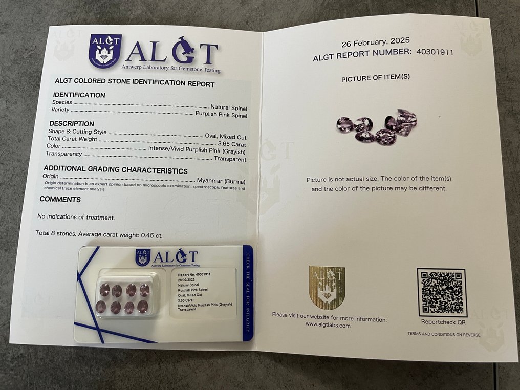 16 pcs  Rosa, Grigio, Violetto Spinello  - 8.15 ct - Antwerp Laboratory for Gemstone Testing (ALGT) #3.2