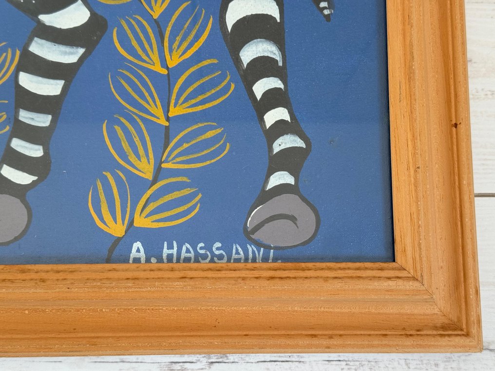 Abdeleheman Hassani - A. Hassani – Zebra’s met vogels – Gesigneerd – Schildering op board #2.1