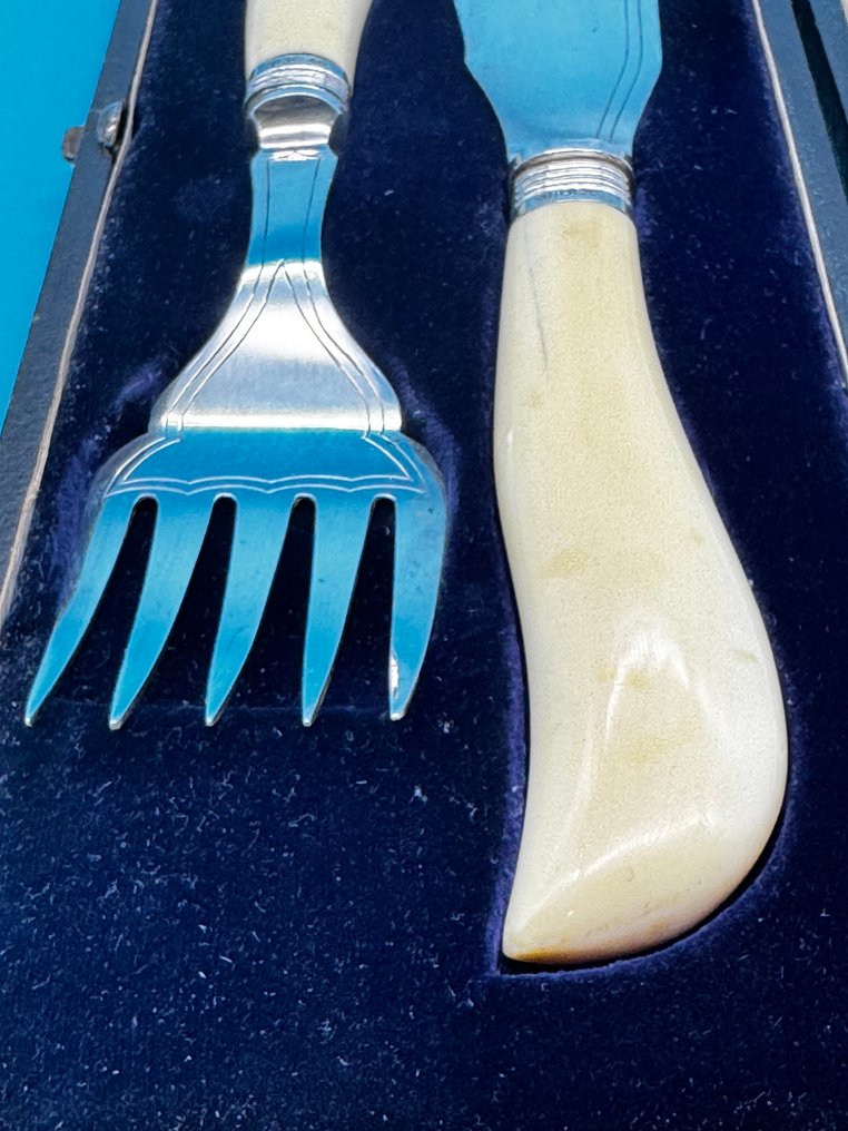 Antique British Fish Cutlery Set – Sterling Silver Collars with Lion Passant & London Hallmarks – - Cutlery set (2) - Silverplated #2.1