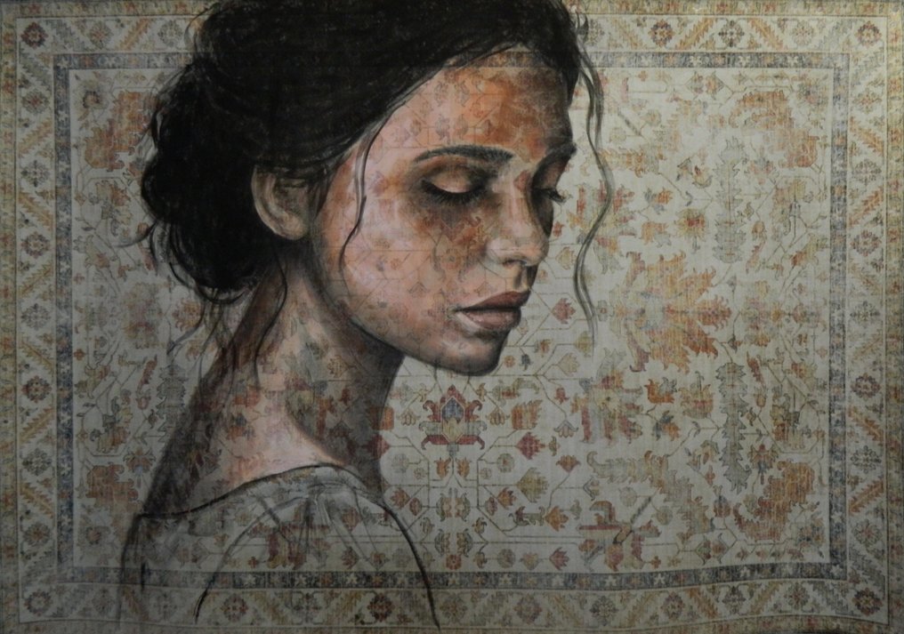 Jacqueline Klein Breteler - "Waiting to be found.", portrait painting on a carpet - XXL #1.0