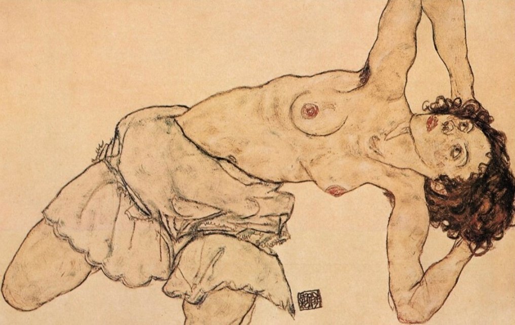 Egon Schiele - “Kneeling half-undressed woman, bending to the left, 1917”. Gesigneerd en gedateerd in de plaat. - Lata 1910–1919 #4.3
