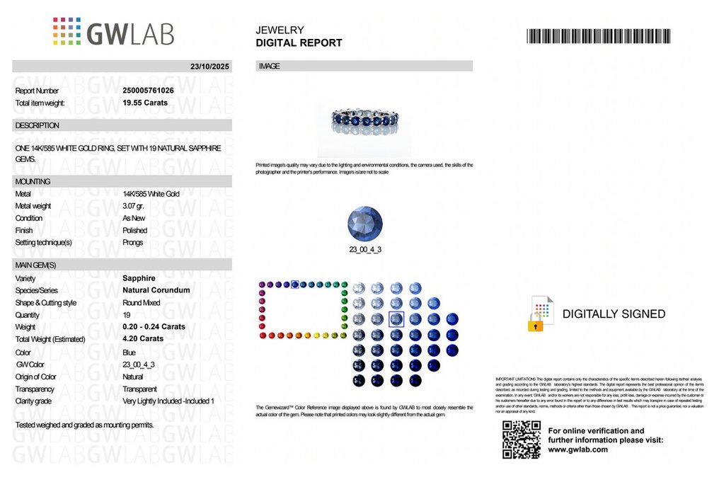 Sem preço de reserva - Anel - 14 K Ouro branco -  4.20ct. tw. Safira - GWLAB #2.1