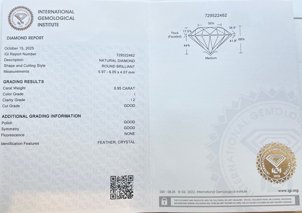 没有保留价 - 1 pcs 钻石 (天然) - 0.95 ct - 圆形 - I - I2 内含二级 - 国际宝石研究院(IGI) #2.1