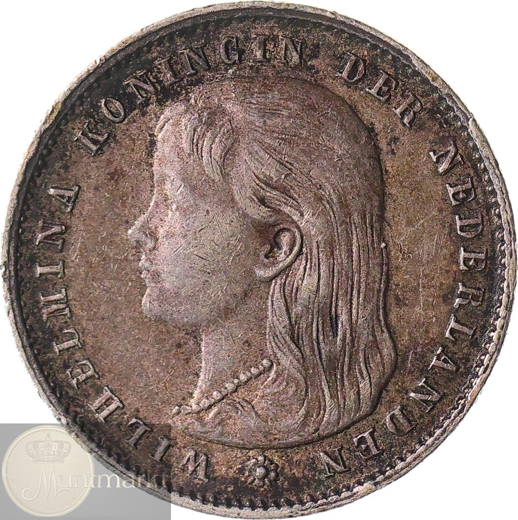 Netherlands. Wilhelmina. 25 Cents 1895 muntmeesterteken schuin in PCGS slab AU50 #2.1