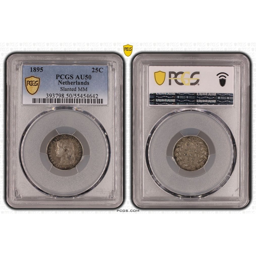 Netherlands. Wilhelmina. 25 Cents 1895 muntmeesterteken schuin in PCGS slab AU50 #1.0