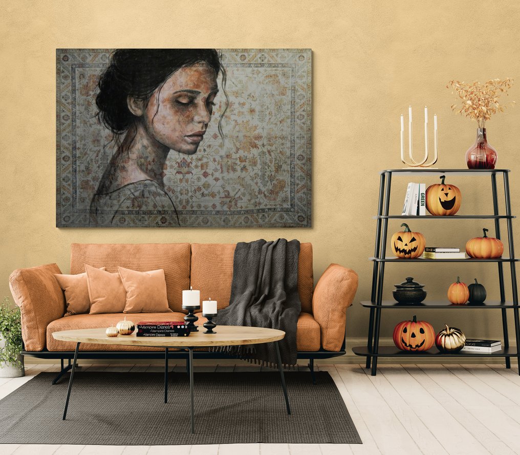 Jacqueline Klein Breteler - "Waiting to be found.", portrait painting on a carpet - XXL #2.1