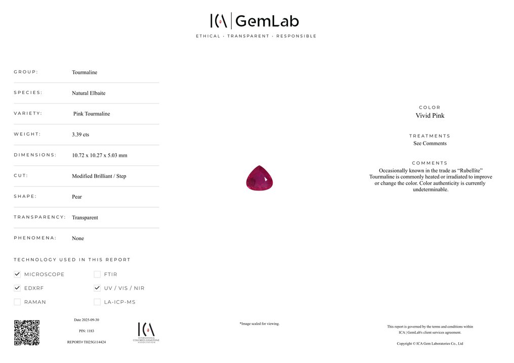 Zonder minimumprijs - 1 pcs Roze Toermalijn - 3.39 ct - nternational Colored Gemstone Association (ICA GemLab) #3.2