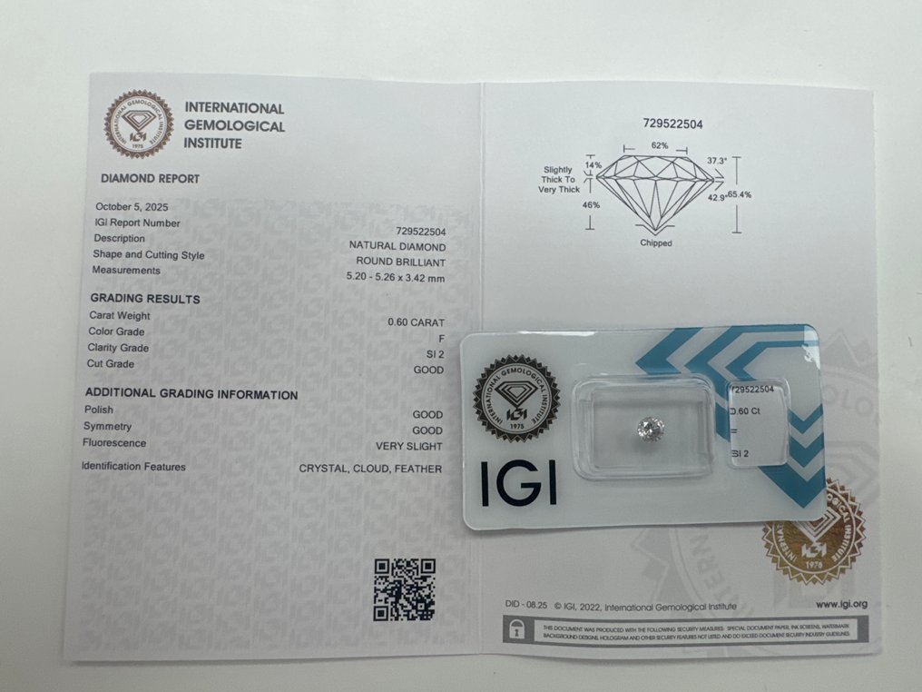 Fără preț de rezervă - 1 pcs Diamant (Natural) - 0.60 ct - Rotund - F - SI2 - IGI (Institutul gemologic internațional) #1.0