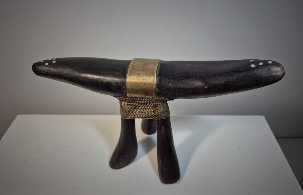 Neck rest - Wood, Horn, Leather, Copper - Turkana headrest #1.0