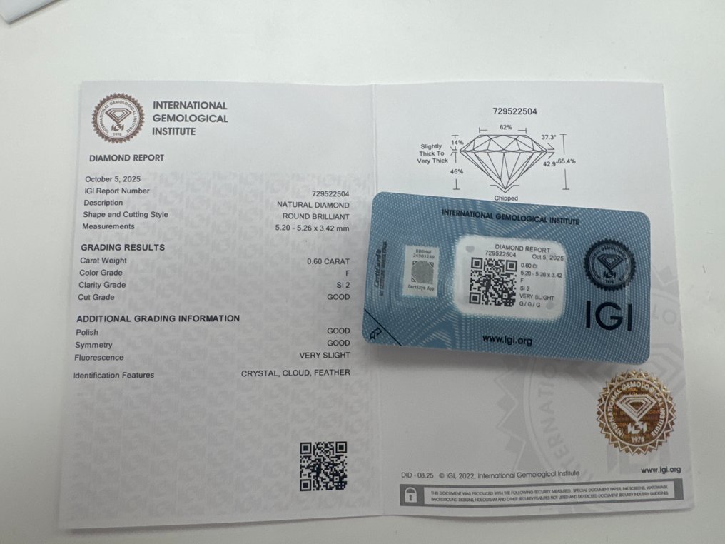 Fără preț de rezervă - 1 pcs Diamant (Natural) - 0.60 ct - Rotund - F - SI2 - IGI (Institutul gemologic internațional) #2.1