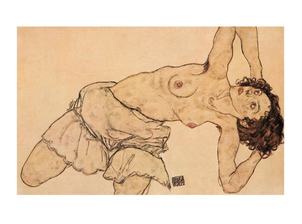 Egon Schiele - “Kneeling half-undressed woman, bending to the left, 1917”. Gesigneerd en gedateerd in de plaat. - Lata 1910–1919 #3.2