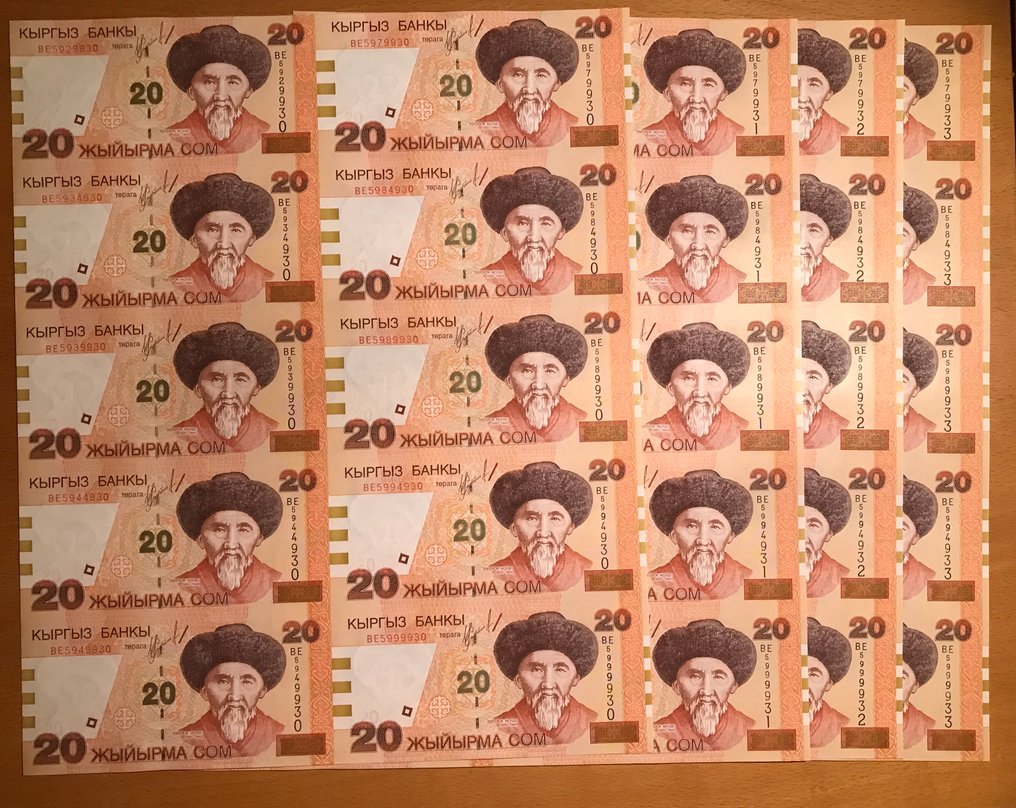 吉尔吉斯斯坦. -   40 x 20 Som ND (2002) - Pick 19 - 4 x uncut sheet  (没有保留价) #1.0