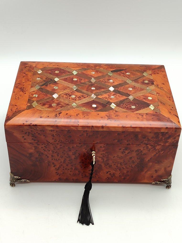 珠宝盒 - 首饰盒，紫檀木放大镜，珍珠母，镶嵌工艺，生命树，黄铜 #4.3