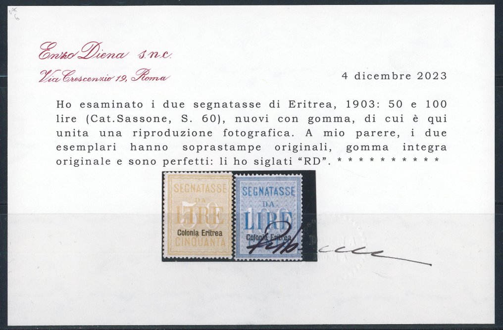 Włoska Erytrea  - Segnatasse 50 i 100 lire nadwyżkowe, seria kompletna nr 12/13, Certyfikat R. Diena. #1.0