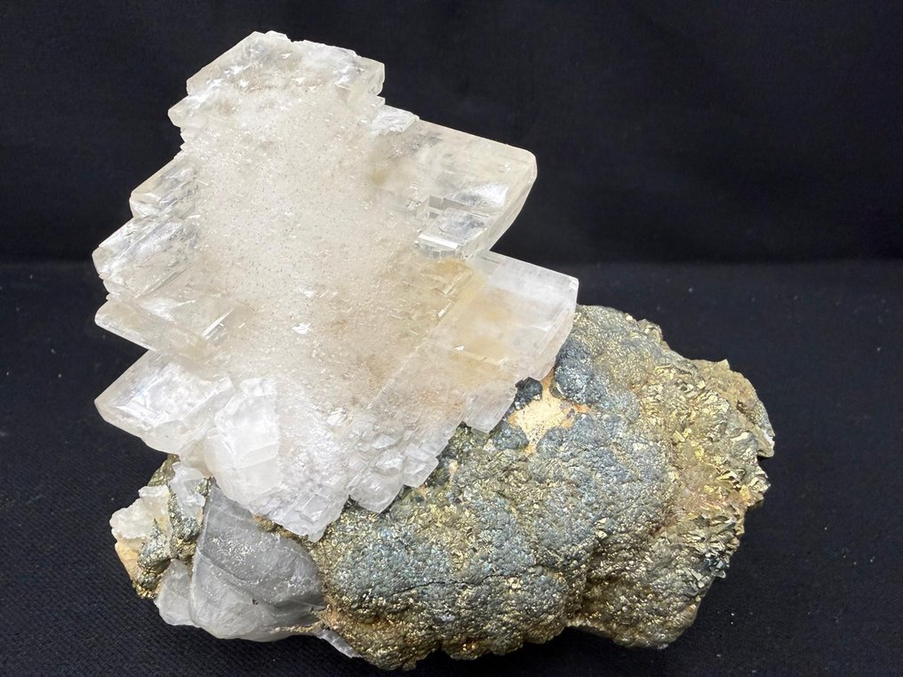 Beautiful huge fluorescent Calcite crystal on iridescent Marcasite/Pyrite matrix Specimen - Height: 12.5 cm - Width: 11 cm- 1244 g #1.0