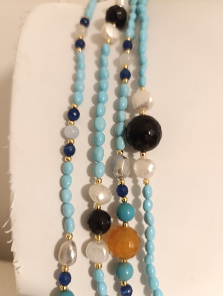 Jade - Hopea, Lapislazzuli, helmi, turkoosi, onyksi ja jade. - Kaulakoru #3.2