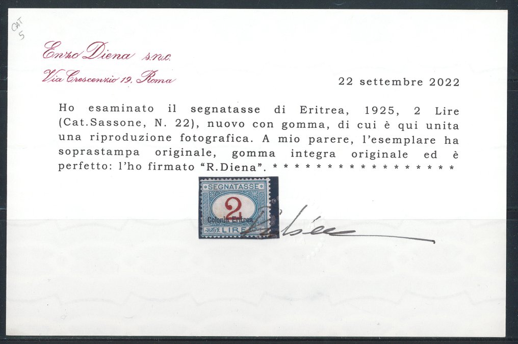 Włoska Erytrea - Segnatasse 50 i 100 lire nadwyżkowe, seria kompletna nr 12/13, Certyfikat R. Diena. #2.1
