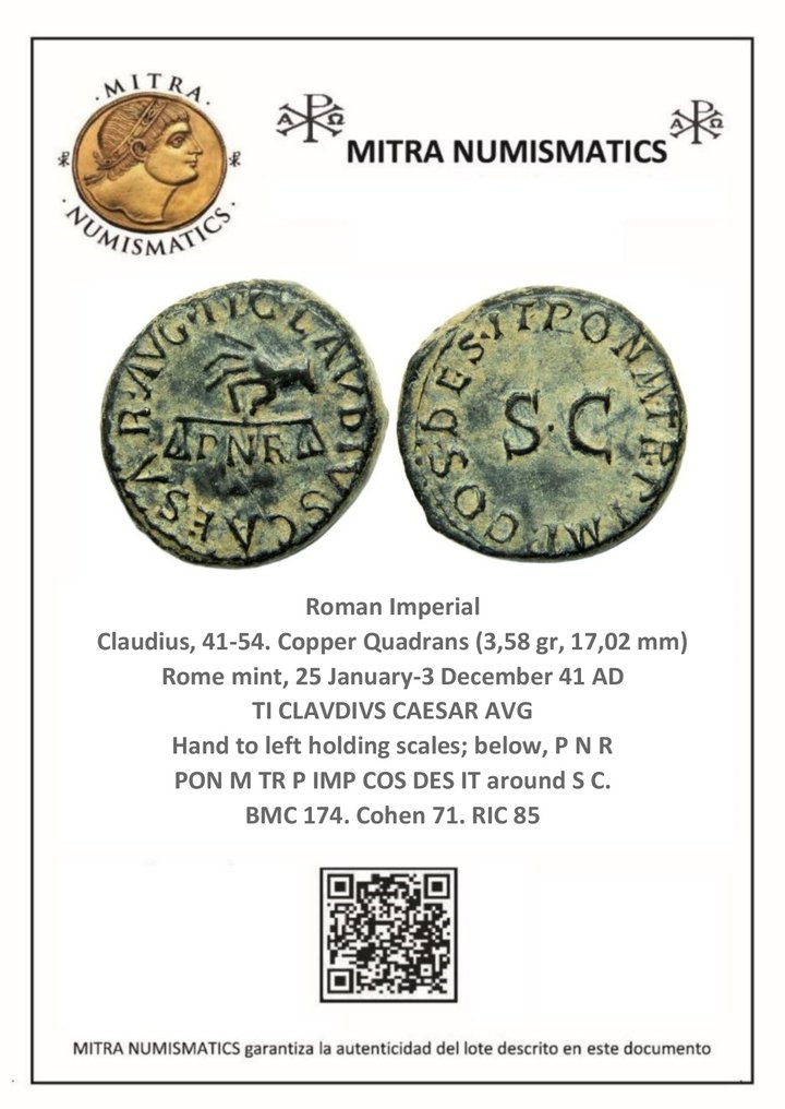 Romerska riket. Claudius (AD 41-54). Quadrans Rome mint, 25 January-3 December 41 AD. Hand to left holding scales; below, P N R PON M TR P IMP COS #3.2