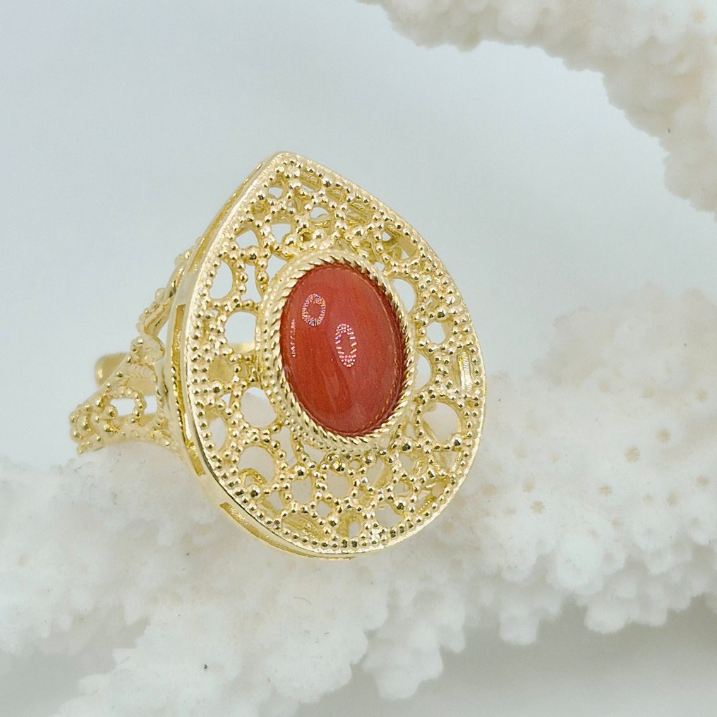 Κοράλλι αίματος - Ασημί, Gold-plated - Δαχτυλίδι - CORALLO MEDITERRANEO #2.1