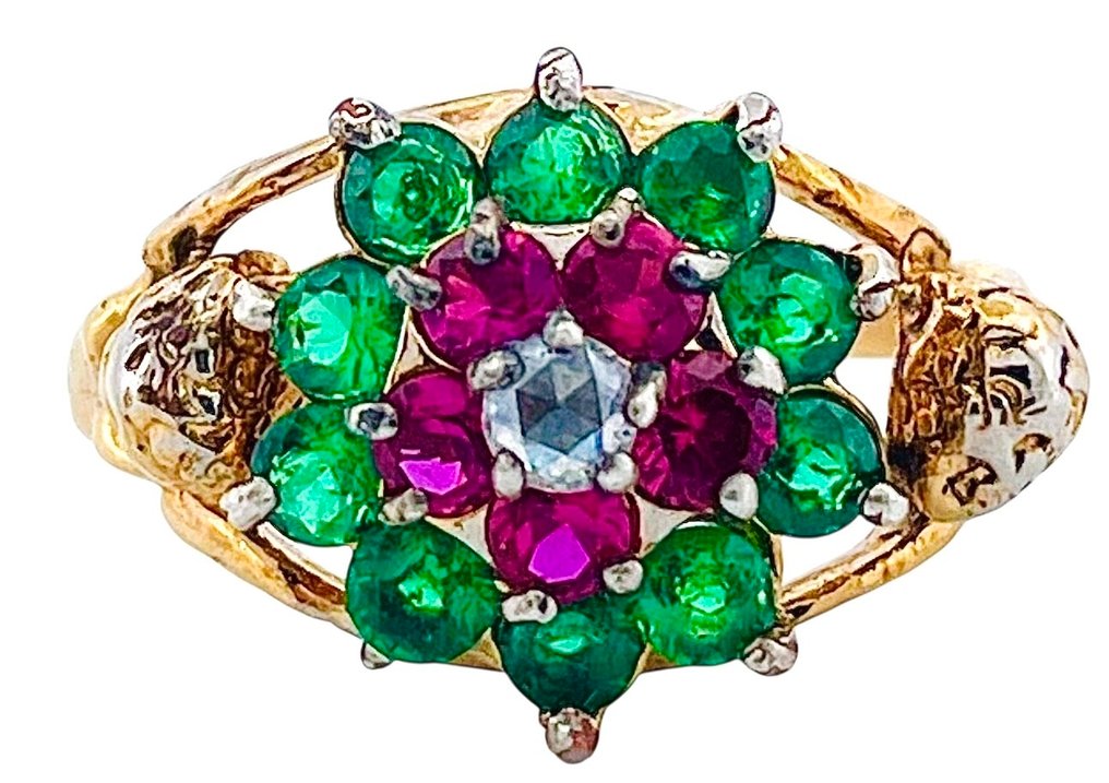 χωρίς τιμή ασφαλείας - Δαχτυλίδι - 9 kt. Κίτρινο χρυσό, Ασημί Σμαράγδι - Ρουμπίνι #1.0