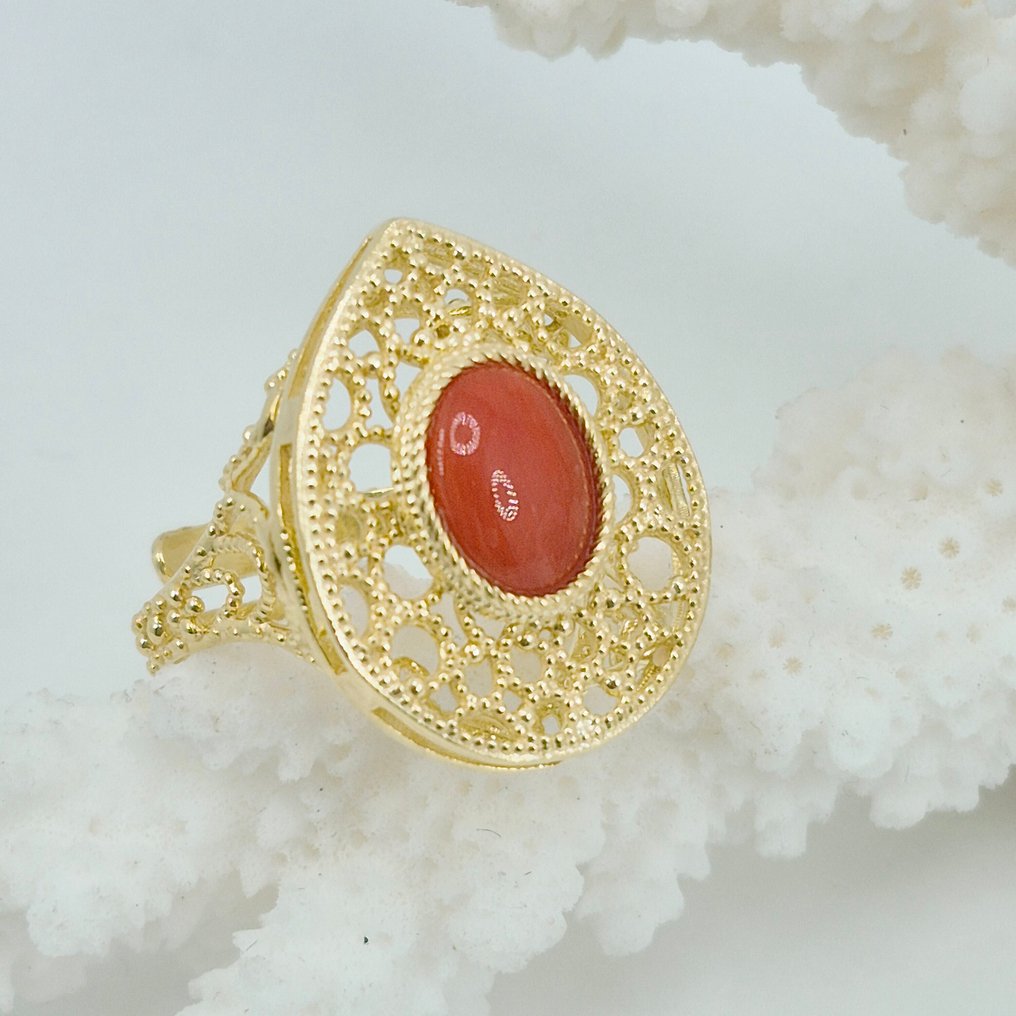 Κοράλλι αίματος - Ασημί, Gold-plated - Δαχτυλίδι - CORALLO MEDITERRANEO #1.0