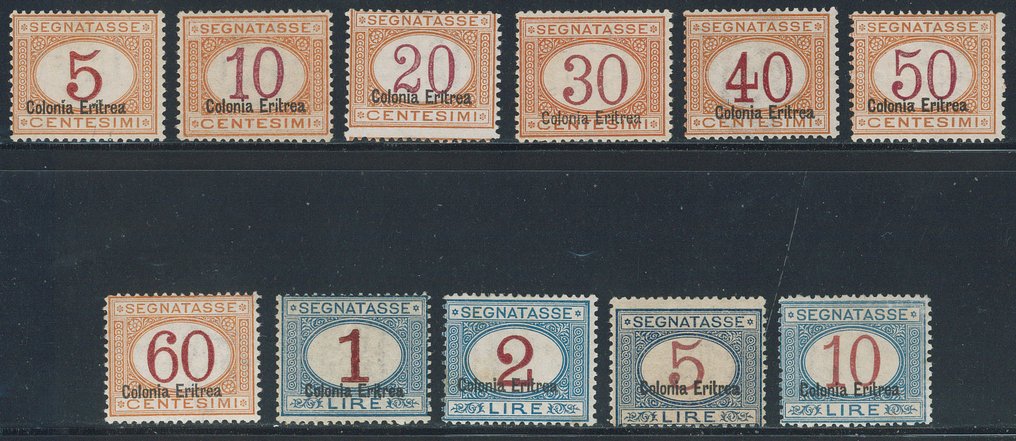 Włoska Erytrea - Segnatasse 50 i 100 lire nadwyżkowe, seria kompletna nr 12/13, Certyfikat R. Diena. #1.0