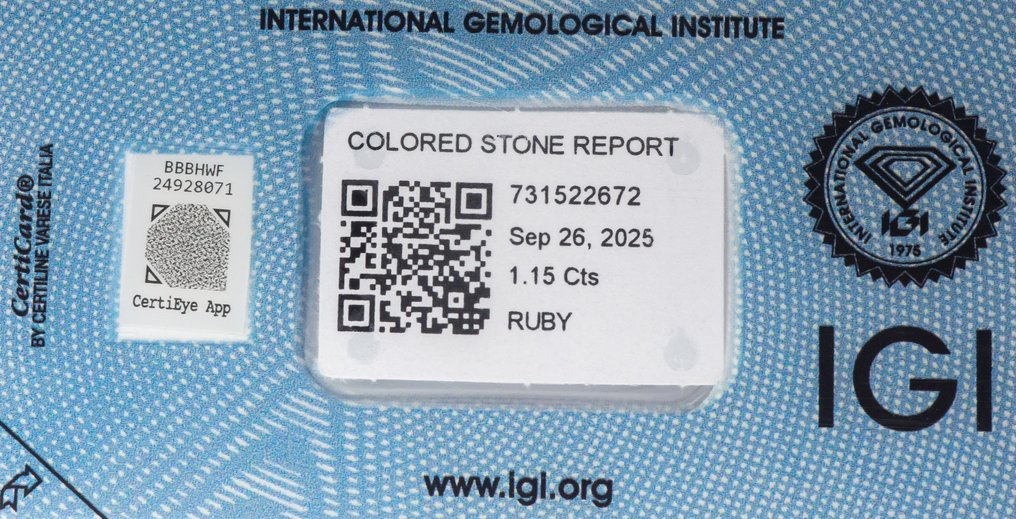 Zonder Minimumprijs Robijn - 1.15 ct - International Gemological Institute (IGI) - Deep Purplish Red #4.3